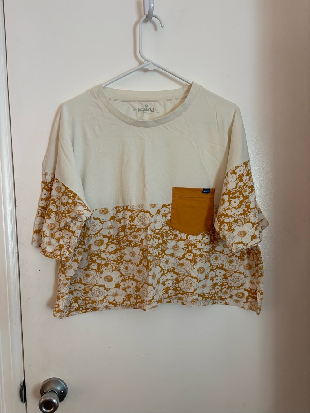 KAVU Cream and Mustard Floral Block Pocket Tee